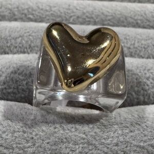 Clear Resin Heart Ring w/ Gold Tone Heart – Size 7 Statement Ring